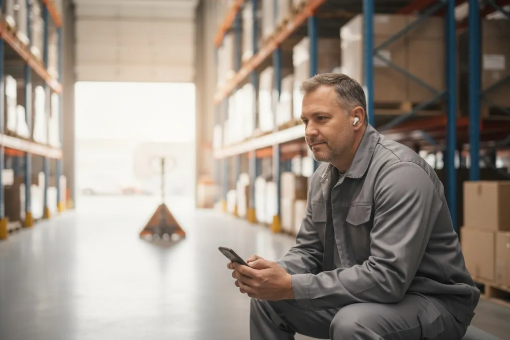 lavoratore di magazzino segue in pausa un corso di mindfulness aziendale online dallo smartphone