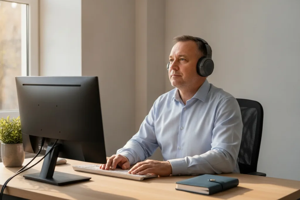 un impiegato ascolta una pratica audio con le cuffie alla scrivania, una misura individuale di prevenzione dello stress lavoro-correlato