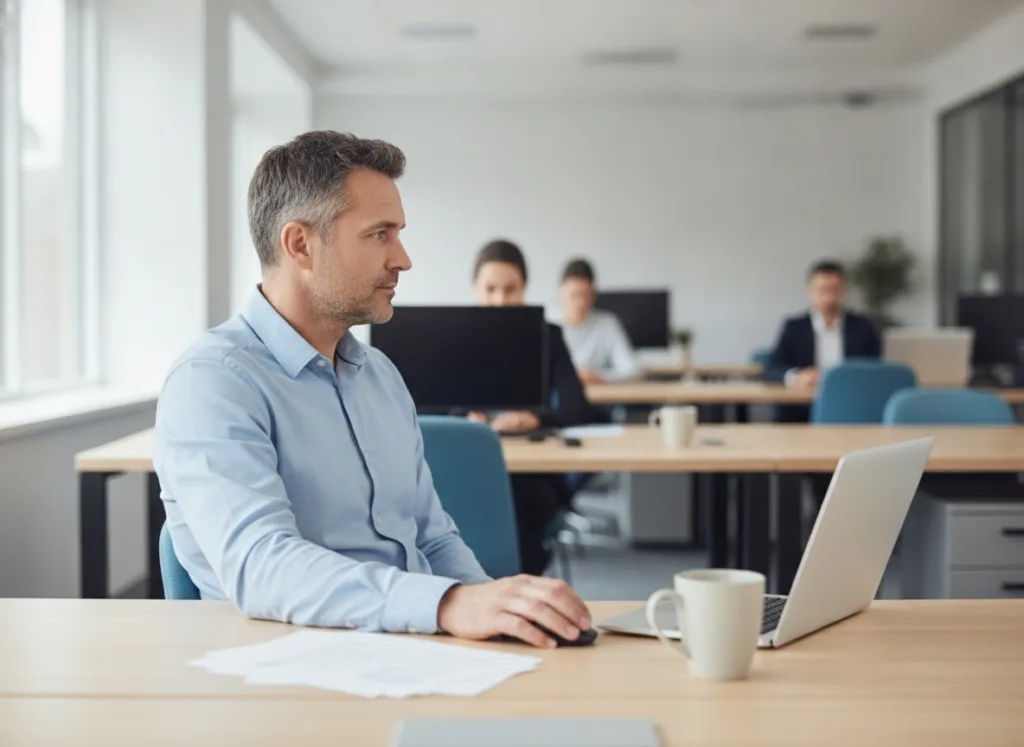 Uomo alla scrivania in un ufficio open space con la mano sul mouse e lo sguardo perso oltre lo schermo, la mente altrove
