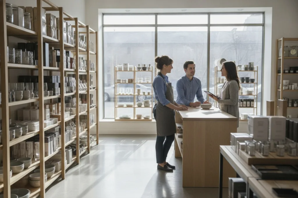 Responsabile di negozio parla con due collaboratori prima dell'apertura, un momento per condividere l'esito della valutazione stress lavoro-correlato
