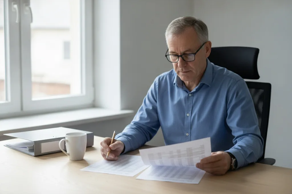 Addetto dell'ufficio del personale confronta i dati di assenze e turnover per la valutazione del rischio stress lavoro-correlato